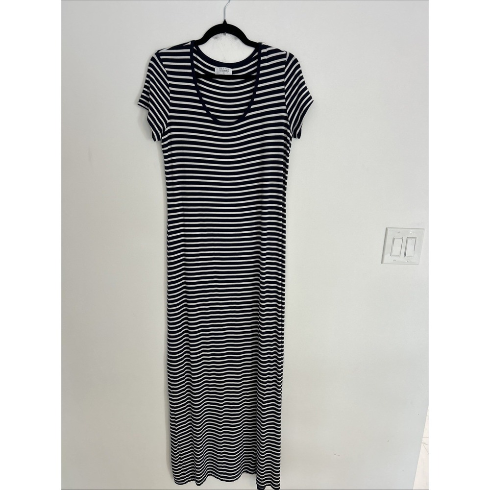 Mott50 Women's L 95 % Bamboo Short Sleeve Navy White Striped Cotton Maxi Dress
